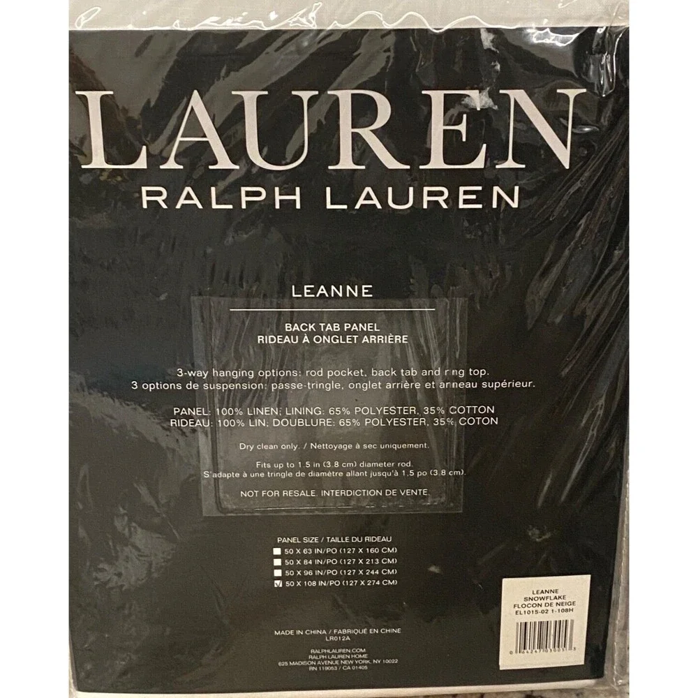 NIP LRL Ralph Lauren LEANNE 100% LINEN Back Tab Curtain Panel Drape 54x108 White